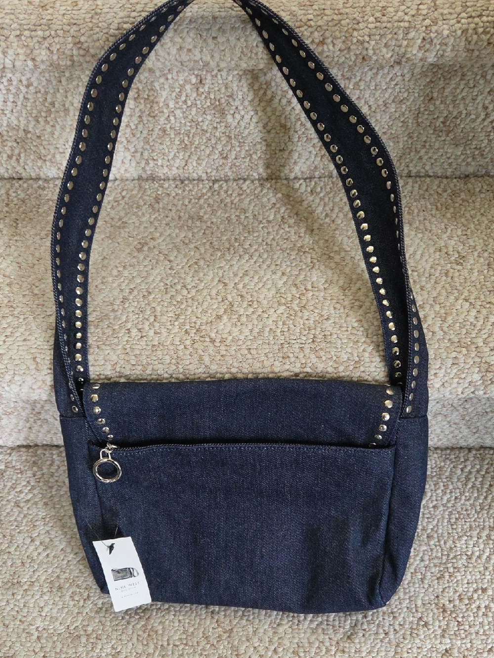 Nine West Dark Blue Denim Shoulder Bag with Studded Strap